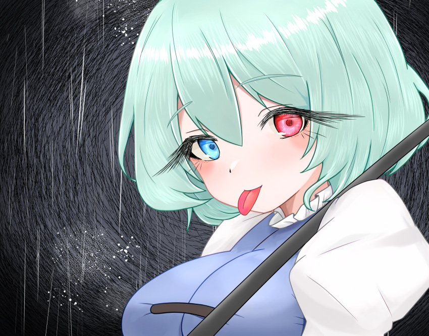 1girl, absurdres, black_background, blue_eyes, blue_hair, breasts, commentary_request, heterochromia