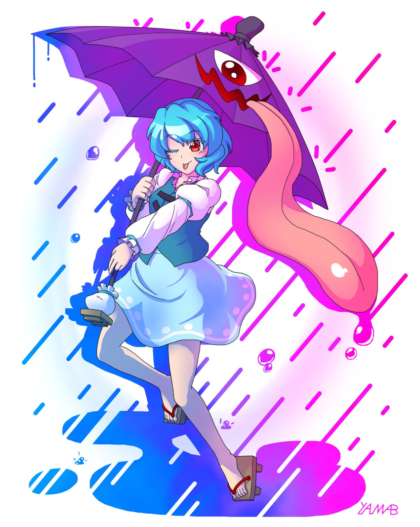 1girl, ;p, blue_skirt, blue_vest, commentary_request, full_body, geta, highres