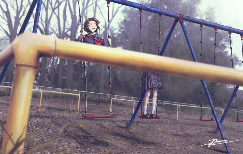 1girl, blue_serafuku, blue_shirt, blue_skirt, blurry, blurry_background, blurry_foreground, brown_footwear