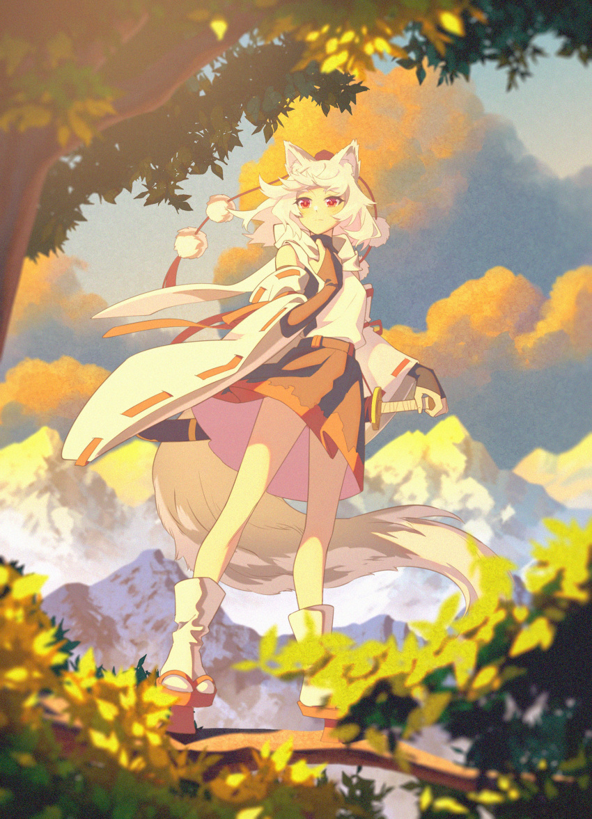 1girl, absurdres, animal_ear_fluff, animal_ears, black_skirt, bridal_gauntlets, closed_mouth, clouds
