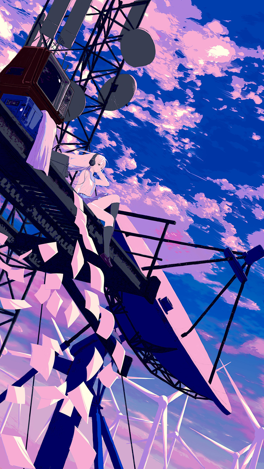 1girl, absurdres, arm_up, black_socks, blue_neckerchief, blue_sailor_collar, blue_skirt, blue_sky