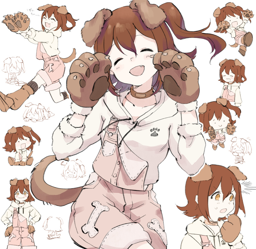 1girl, ^_^, animal_ears, animal_hands, blush, brown_coat, brown_footwear, brown_hair, brown_overalls, chibi, chibi_inset, closed_eyes, closed_mouth, coat, collarbone, dog_ears, dog_tail, fang, gloves, highres, hood, hoodie, idolmaster, idolmaster_million_live!, idolmaster_million_live!_theater_days, kasuga_mirai, medium_hair, multiple_persona, open_mouth, overalls, paw_gloves, paw_pose, pyopyo, side_ponytail, single_strap, smile, solo, tail, white_hoodie