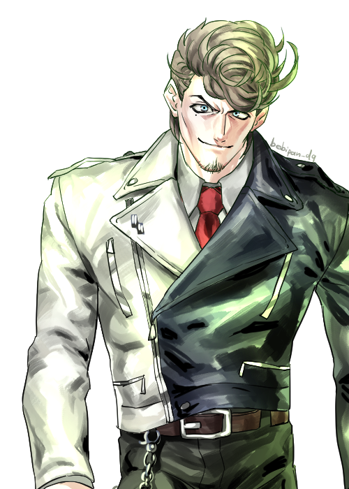 1boy, amaguni_hitoya, belt, belt_chain, blue_eyes, closed_mouth, collared_shirt, commentary_request