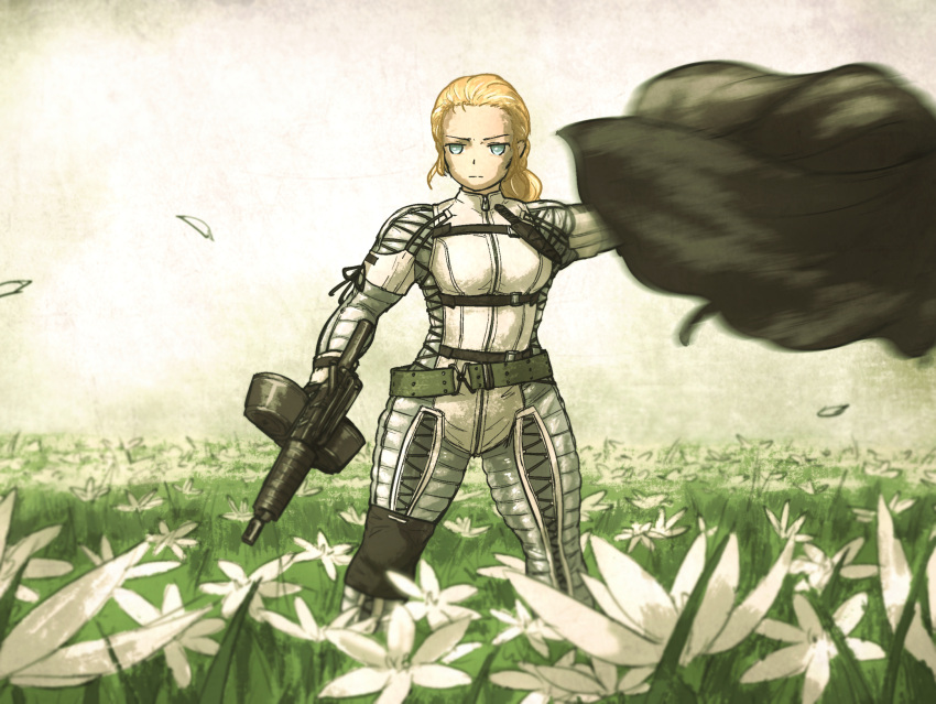 1girl, blonde_hair, blue_eyes, bodysuit, cloak, field, flower, flower_field