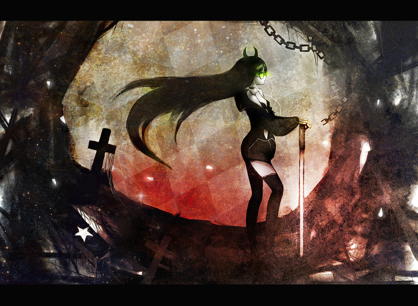 black_devil_girl, black_hair, black_rock_shooter, coat, earphones, glowing, glowing_eyes, green_eyes