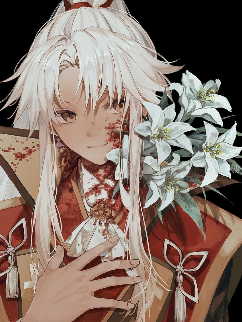 1boy, amakusa_shirou_(fate), amakusa_shirou_(third_ascension)_(fate), ascot, black_background, blood, blood_on_clothes, blood_on_face