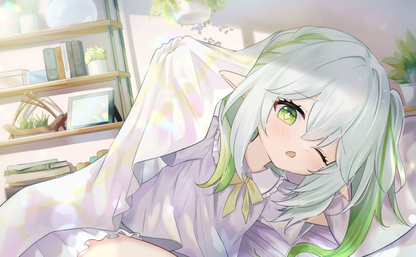 1girl, bed, bed_sheet, bedroom, bloomers, genshin_impact, gradient_hair, green_eyes, green_hair, indoors, long_hair, lying, mogumogumo_0, multicolored_hair, nahida_(genshin_impact), on_side, one_eye_closed, open_mouth, pillow, pink_shirt, pointy_ears, shelf, shirt, short_sleeves, side_ponytail, solo, two-tone_hair, under_covers, underwear, white_bloomers, white_hair