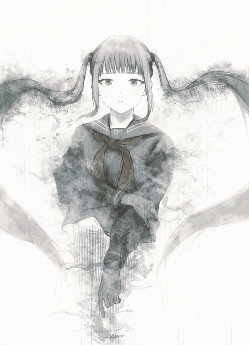 1girl, choppy_bangs, commentary_request, floating_torso, fracoco, highres, holding_own_arm, limited_palette, long_hair, long_sleeves, looking_at_viewer, muted_color, neckerchief, original, parted_lips, puffy_sleeves, red_neckerchief, sailor_collar, school_uniform, serafuku, sidelocks, signature, simple_background, solo, twintails, very_long_hair, white_background