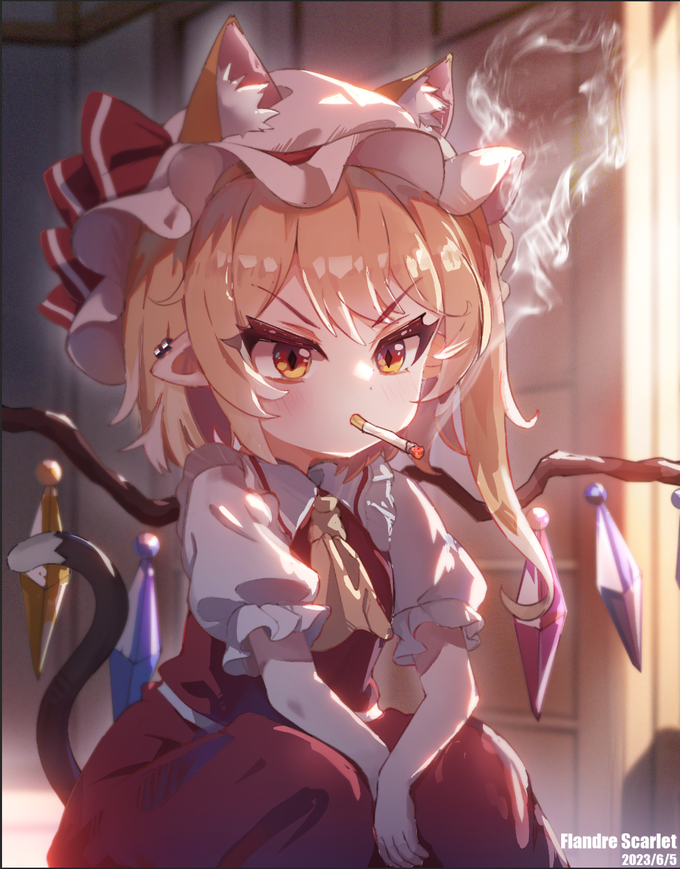 1girl, animal_ear_fluff, animal_ears, ascot, blonde_hair, blush, cat_ears, cat_tail, character_name, cigarette, collared_shirt, commentary, crystal, dated, diamond-shaped_pupils, diamond_(shape), ear_piercing, ears_through_headwear, flandre_scarlet, frilled_shirt_collar, frilled_sleeves, frills, hat, hat_ribbon, highres, kemonomimi_mode, kong_zhi_xian_yu, medium_hair, mob_cap, mouth_hold, one_side_up, orange_eyes, piercing, puffy_short_sleeves, puffy_sleeves, red_ribbon, red_skirt, red_vest, ribbon, shirt, short_sleeves, skirt, smoke, smoking, solo, symbol-shaped_pupils, tail, touhou, v-shaped_eyebrows, vest, white_headwear, white_shirt, wings, yellow_ascot