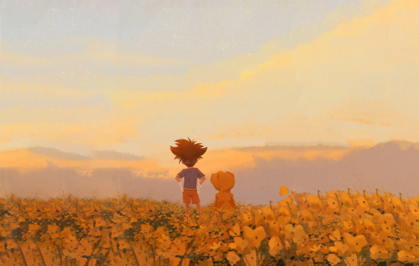 1boy, agumon, brown_hair, digimon, flower, gloves, hands_on_own_hips, headband