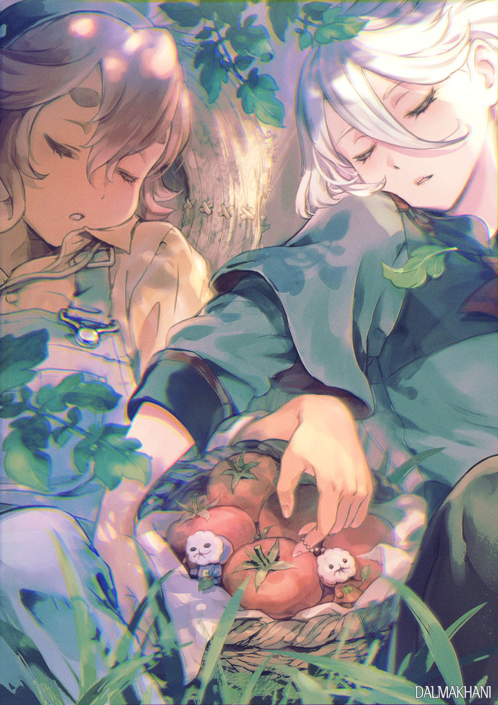 2girls, asticassia_school_uniform, basket, closed_eyes, cool_(gundam_suisei_no_majo), dalmakhani3, dappled_sunlight, day