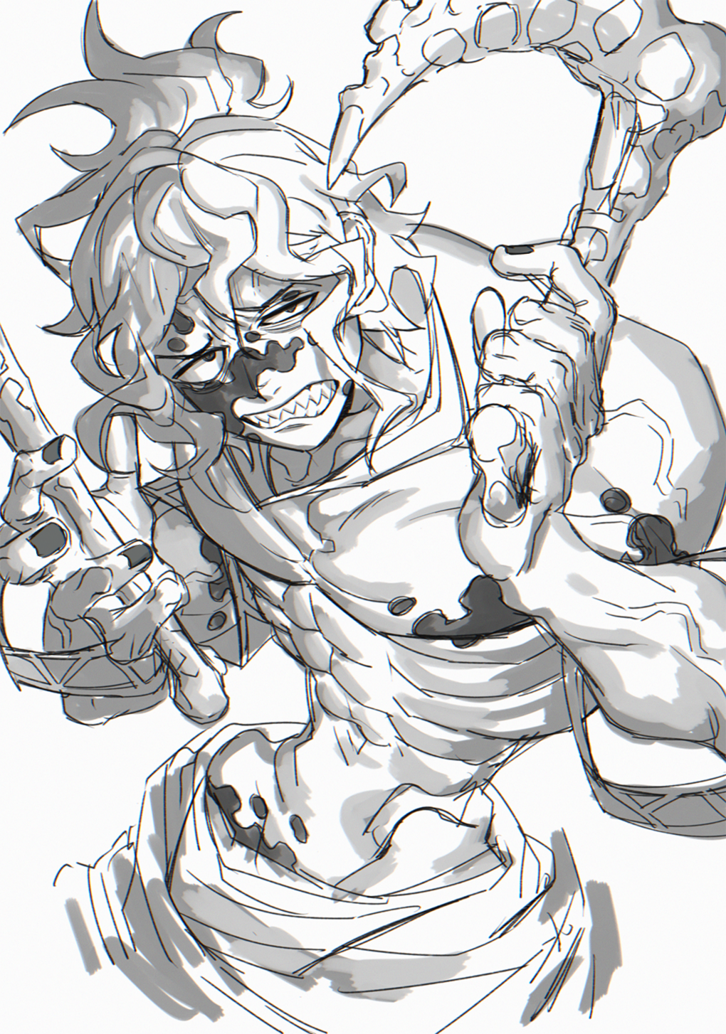 1boy, abs, clenched_teeth, facial_mark, greyscale, gyuutarou_(kimetsu_no_yaiba), highres, holding