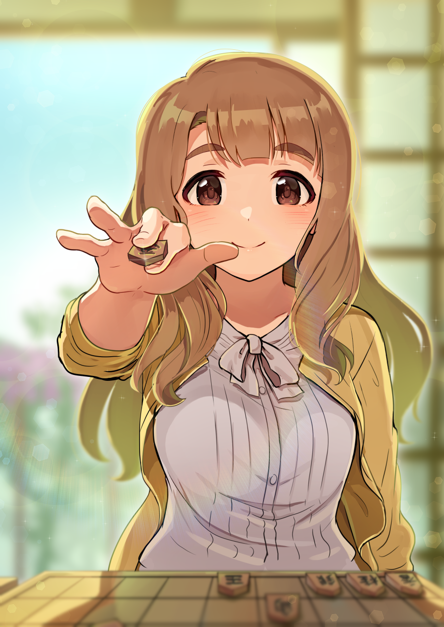 1girl, blurry, blurry_background, blurry_foreground, blush, board_game, breasts, brown_eyes