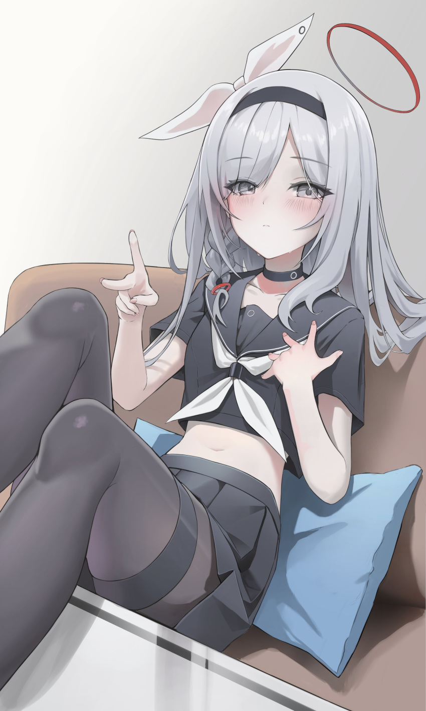 1girl, absurdres, alternate_hair_color, black_choker, black_hairband, black_serafuku, black_shirt, black_skirt