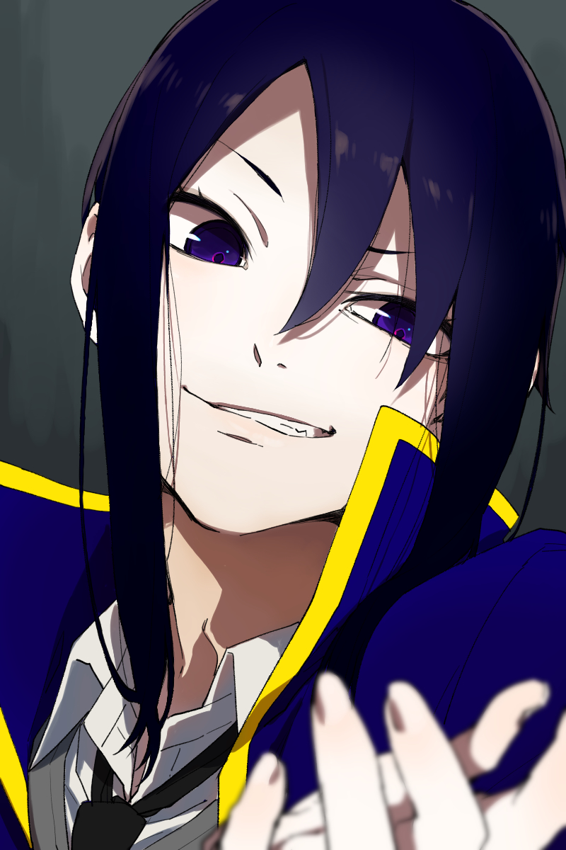 1girl, black_necktie, blue_jacket, blurry, blurry_foreground, collared_shirt, commentary_request, ganeshia