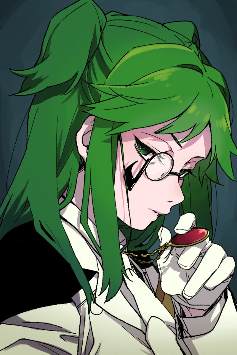1girl, closed_mouth, commentary_request, employee_(lobotomy_corporation), ganeshia, gloves, green_eyes, green_hair