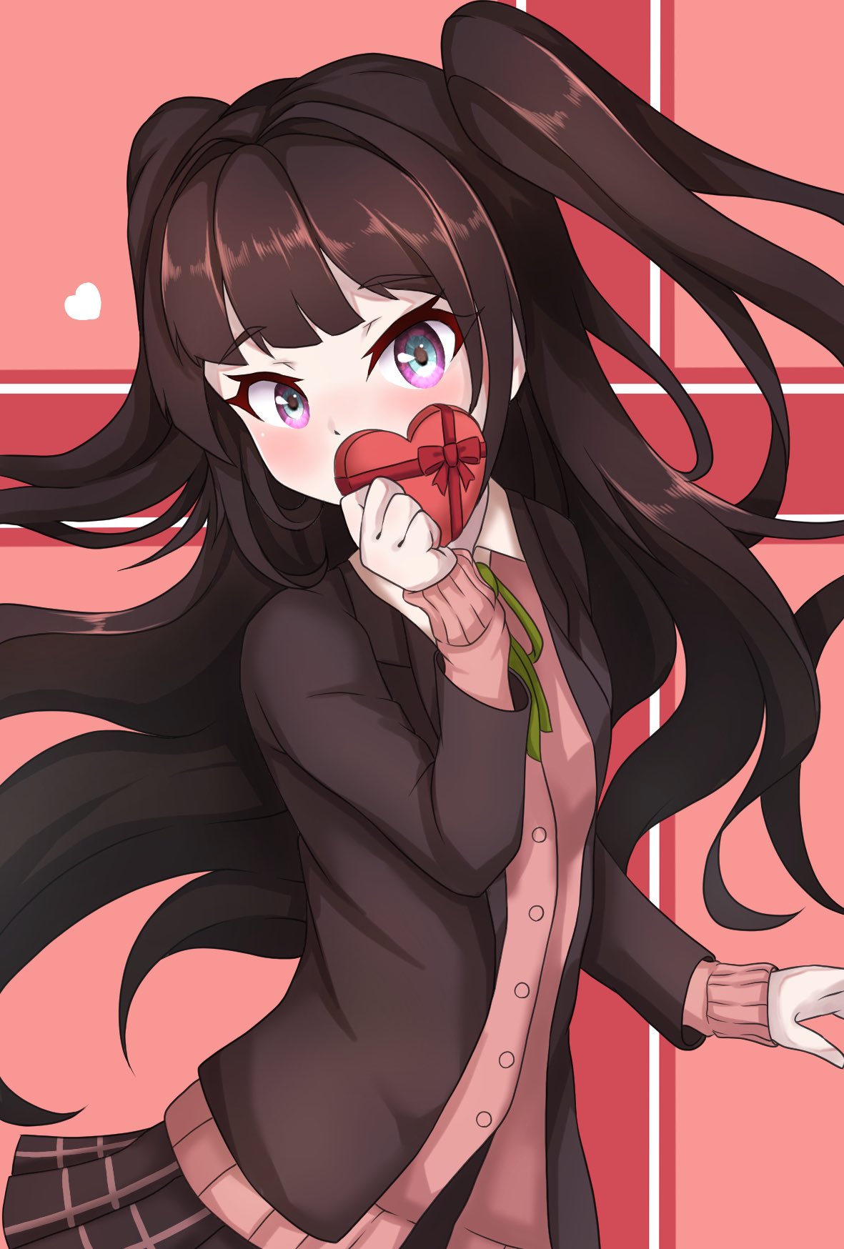 1girl, alternate_costume, blazer, blue_eyes, blunt_bangs, candy, cardigan, chocolate, collared_shirt, covering_mouth, eyelashes, floating_hair, food, fu_u_zuki, fuuchingiri_mitsuyo, gift, gradient_eyes, green_ribbon, heart, heart-shaped_chocolate, highres, holding, holding_gift, jacket, multicolored_eyes, open_clothes, open_jacket, pink_cardigan, pleated_skirt, ribbon, shirt, skirt, solo, tenka_hyakken, twintails, two_side_up, violet_eyes