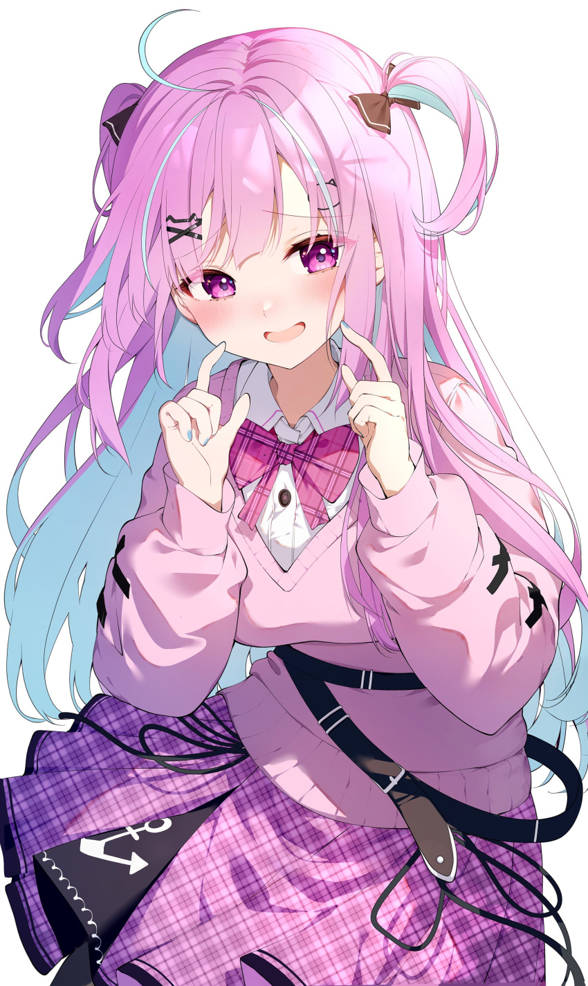 1girl, absurdres, ahoge, blue_hair, blue_nails, blush, bow, bowtie