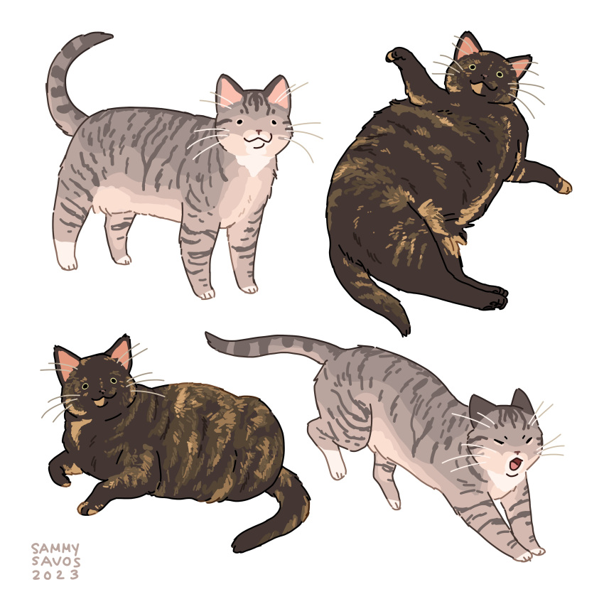 2023, :3, absurdres, animal_focus, artist_name, brown_cat, brown_tail, closed_eyes, closed_mouth, commentary, commission, english_commentary, full_body, grey_cat, grey_tail, highres, looking_at_viewer, no_humans, open_mouth, original, sammysavos, simple_background, whiskers, white_background, yawning