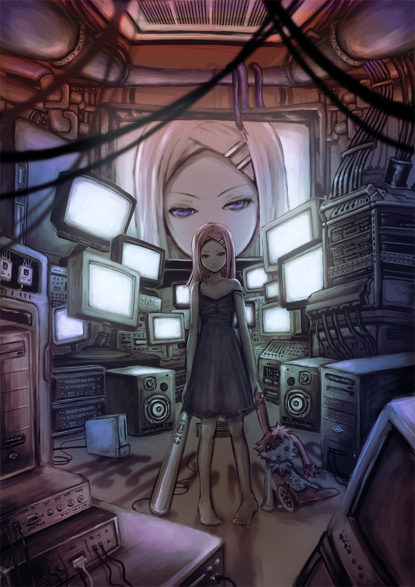 baseball_bat, bat, computer, dress, hair_ornament, hairclip, hecatoncheir, monitor