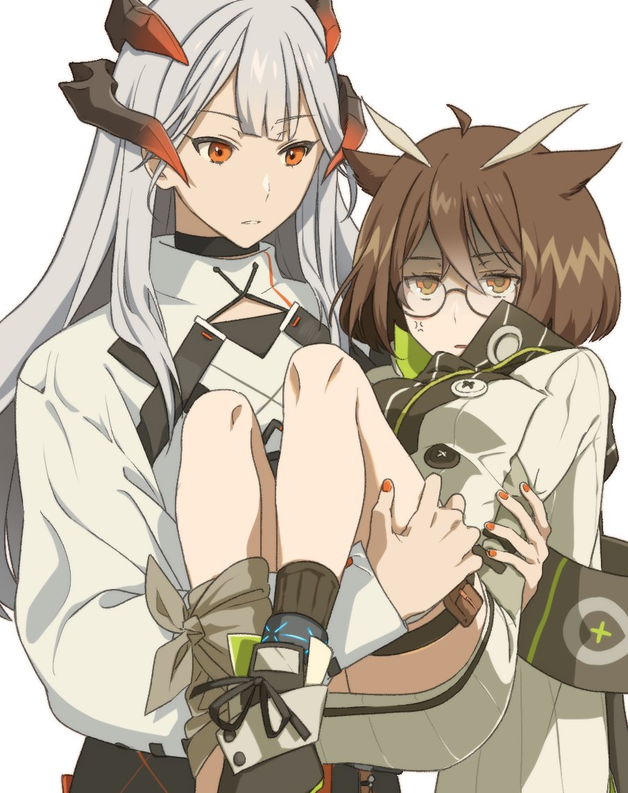2girls, ahoge, anger_vein, arknights, brown_eyes, brown_hair, carrying, dress
