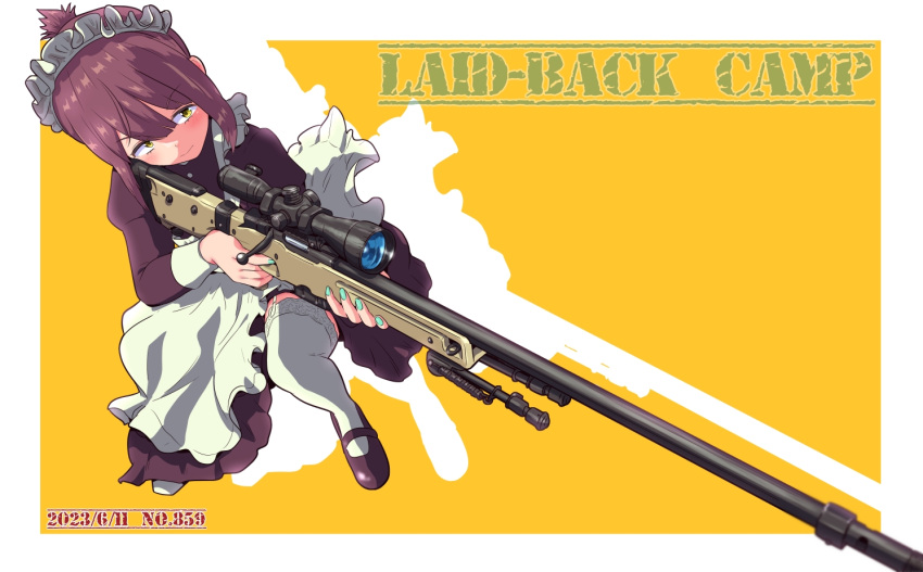 1girl, alternate_costume, bolt_action, brown_hair, enmaided, garter_straps, gun, holding