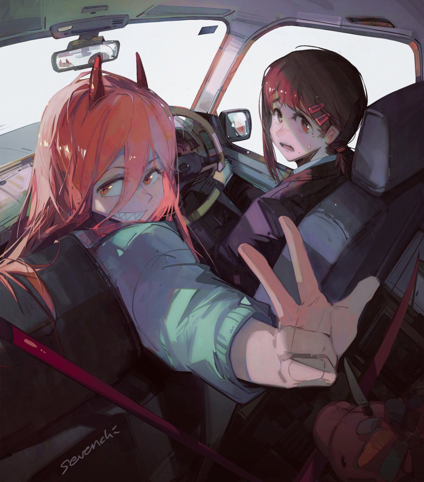 2girls, artist_name, black_jacket, blue_jacket, brown_hair, car_interior, chainsaw_man, cross-shaped_pupils, formal, hair_between_eyes, hair_ornament, hairclip, higashiyama_kobeni, highres, horns, jacket, long_hair, looking_at_viewer, mole, mole_on_cheek, mole_under_eye, multiple_girls, open_mouth, parted_lips, power_(chainsaw_man), red_horns, sevenchi, sharp_teeth, shirt, short_hair, short_ponytail, single_sidelock, smile, stuffed_unicorn, suit, sweat, symbol-shaped_pupils, teeth, v, white_shirt, worried, yellow_eyes