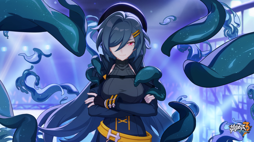 1girl, beret, black_gloves, black_headwear, breasts, chinese_commentary, collarbone, concert, cowboy_shot, crossed_arms, fingerless_gloves, gloves, hair_over_one_eye, hat, highres, honkai_(series), honkai_impact_3rd, large_breasts, logo, long_hair, long_sleeves, looking_at_viewer, official_art, official_wallpaper, outdoors, red_eyes, shub_niggurath_(honkai_impact), smile, standing, very_long_hair