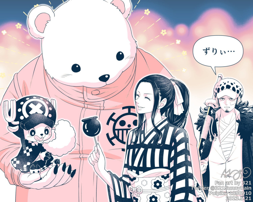 1boy, 1girl, 321, ^_^, animal, antlers, antlers_through_headwear, artist_name, bandages, bandaid, bear, bepo, candy_apple, closed_eyes, coat, coat_on_shoulders, cotton_candy, eating, facial_hair, flower, food, fur-trimmed_coat, fur_trim, hat, highres, holding, holding_animal, holding_sword, holding_weapon, japanese_clothes, kimono, monochrome, nico_robin, one_piece, polar_bear, reindeer_antlers, signature, smile, speech_bubble, sword, tony_tony_chopper, trafalgar_law, translated, weapon