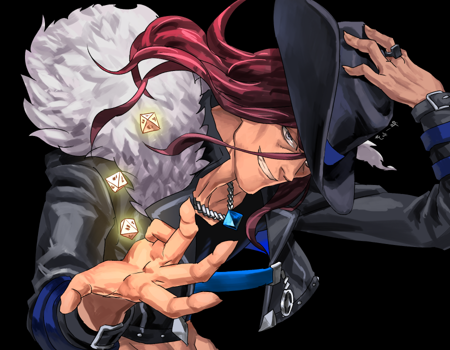 1boy, artist_name, black_background, black_shirt, commentary_request, cropped_jacket, dice, fedora