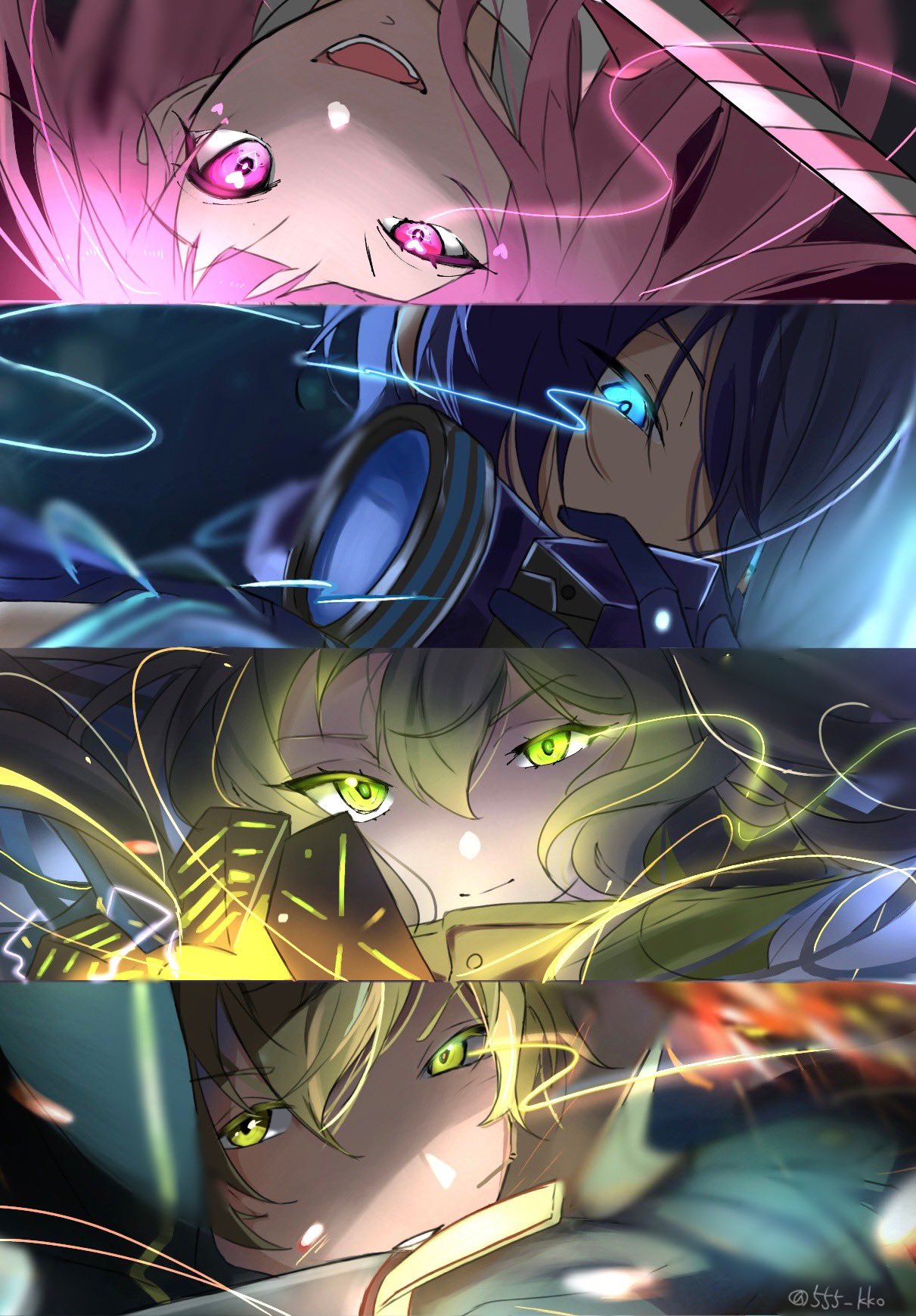 2boys, 2girls, 555_kko, aoyagi_touya, blue_eyes, blue_hair, close_game/offline_(project_sekai), closed_mouth