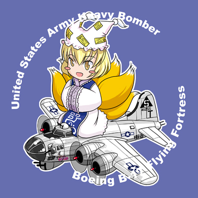 airplane, animal_ears, b-17, blonde_hair, blush_stickers, bomber, chibi, fox_ears