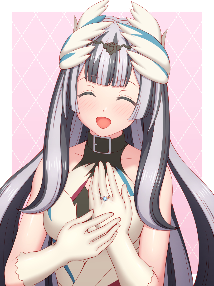 1girl, black_hair, bridal_gauntlets, closed_eyes, collar, commission, feather_hair_ornament, feathered_wings, feathers, fire_emblem, fire_emblem_engage, hair_ornament, highres, holding, holding_jewelry, holding_ring, ibushi_(oath), jewelry, multicolored_hair, open_mouth, petite, ring, skeb_commission, smile, two-tone_hair, veyle_(fire_emblem), white_hair, wings