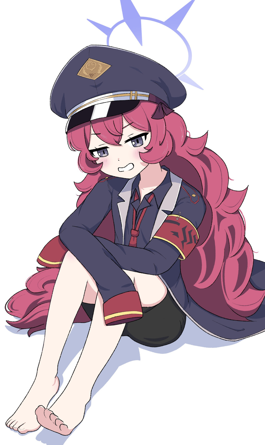 1girl, absurdres, bare_legs, black_ribbon, black_skirt, blue_archive, blue_headwear, blue_jacket, blue_shirt, blush, collarbone, collared_jacket, collared_shirt, crossed_bangs, feet, from_above, grey_eyes, grin, hair_between_eyes, hair_ribbon, halo, hat, head_tilt, highres, iroha_(blue_archive), jacket, jitome, knees_up, koucha_(sr4ez), legs, long_hair, long_jacket, looking_at_viewer, loose_necktie, miniskirt, necktie, peaked_cap, pencil_skirt, red_armband, red_necktie, redhead, ribbon, safety_pin, shirt, sidelocks, sitting, skirt, sleeves_past_fingers, sleeves_past_wrists, smile, solo, toes, very_long_hair, very_long_sleeves, wavy_hair