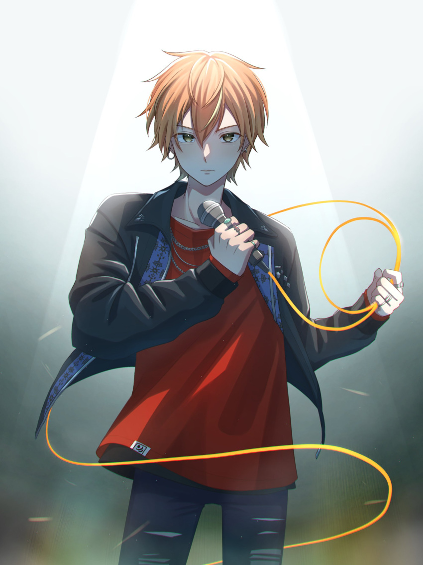 1boy, absurdres, blonde_hair, chain_necklace, closed_mouth, commentary_request, cowboy_shot, ear_chain