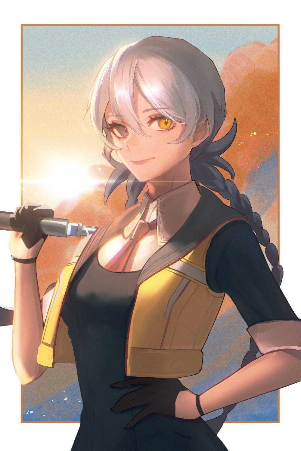 1girl, ai_the_somnium_files, ai_the_somnium_files:_nirvana_initiative, black_gloves, blue_hair, border, braid, closed_mouth