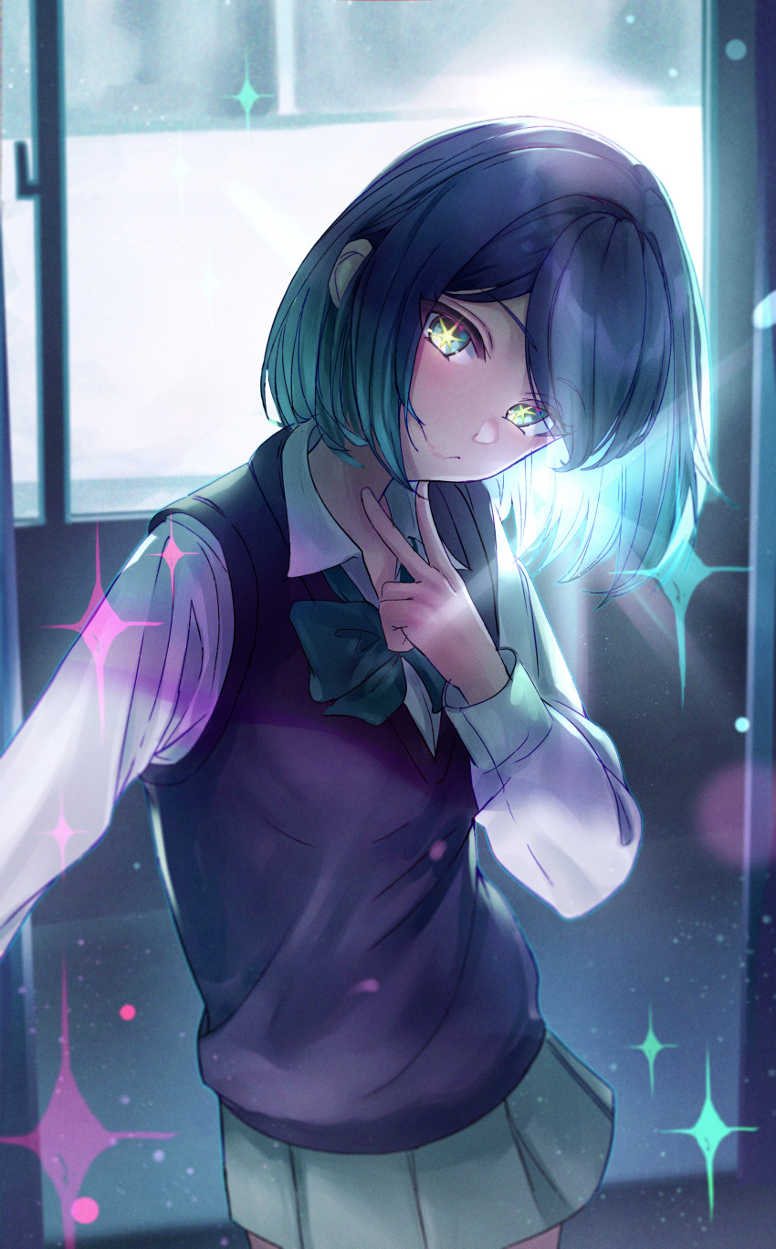 1girl, absurdres, aqua_bow, aqua_bowtie, aqua_eyes, black_sweater_vest, blue_hair, bow