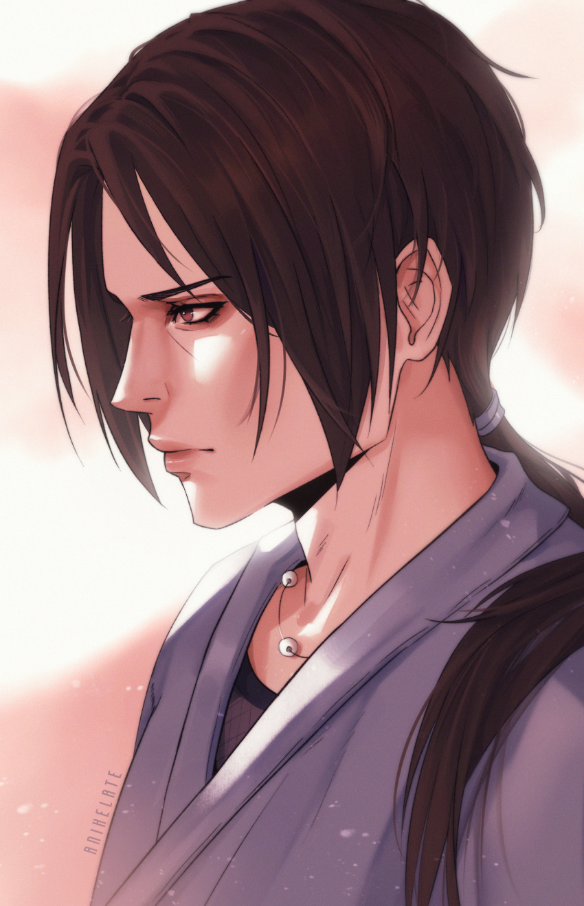 1boy, anihelate, artist_name, brown_eyes, brown_hair, commentary, expressionless, hair_tie