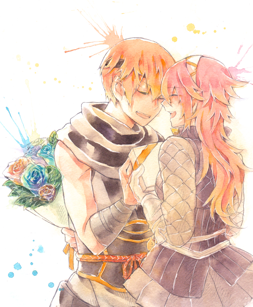 1boy, 1girl, asugi_(fire_emblem), bouquet, closed_eyes, couple, fire_emblem, fire_emblem_fates, flower, hairband, headband, hetero, holding, holding_bouquet, ninja, open_mouth, orange_hair, pink_hair, sakaki_1220, soleil_(fire_emblem), teeth, upper_teeth_only