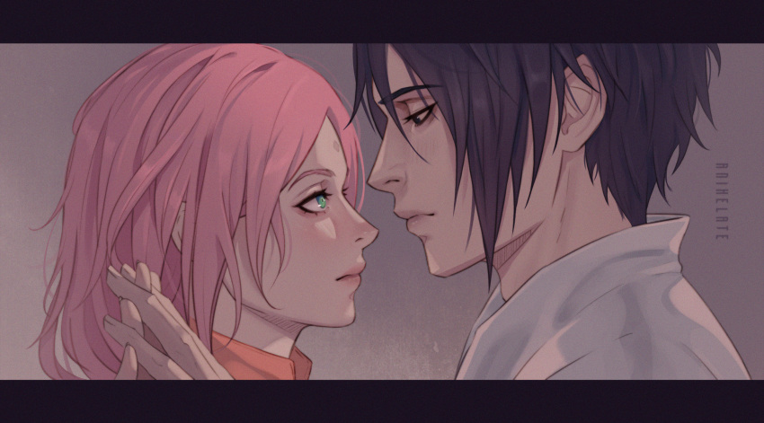 1boy, 1girl, anihelate, artist_name, black_eyes, black_hair, breasts, commentary