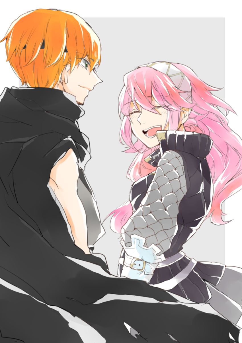 1boy, 1girl, asugi_(fire_emblem), couple, fire_emblem, fire_emblem_fates, headband, hetero, highres, long_hair, open_mouth, orange_hair, pink_hair, sakaki_1220, soleil_(fire_emblem), teeth, upper_teeth_only