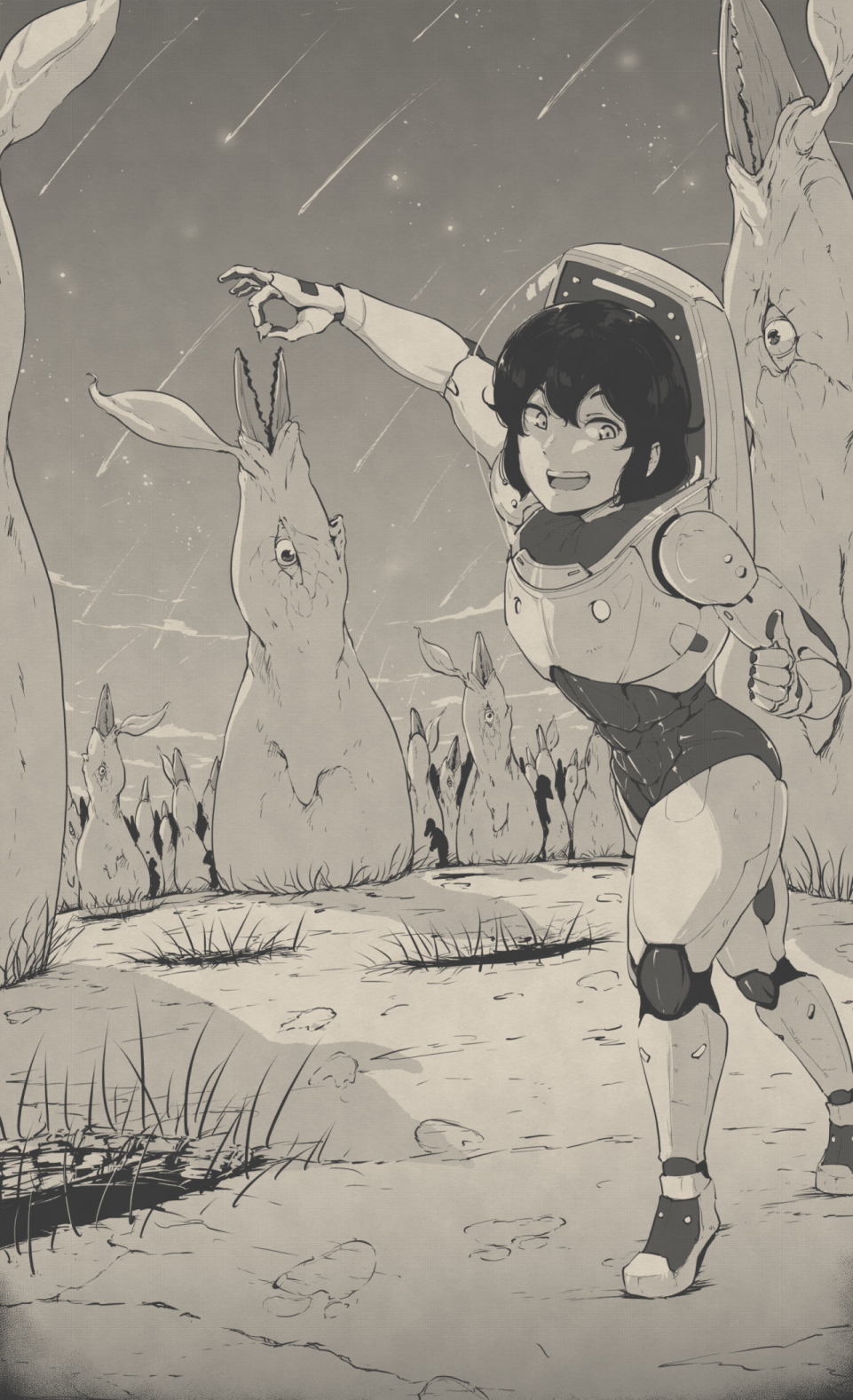 1girl, :d, alien, all_tomorrows, black_hair, forced_perspective, highres, hole