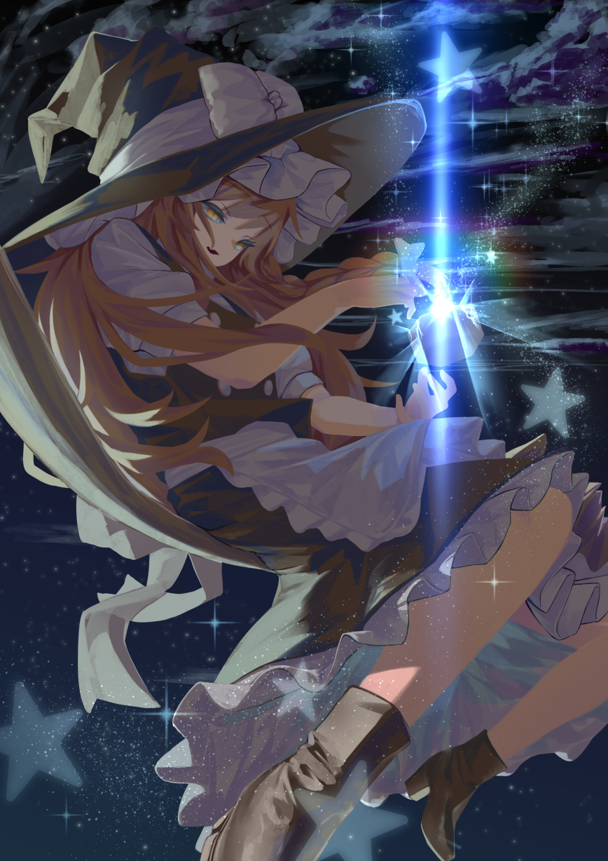 1girl, clouds, cloudy_sky, dark, highres, kirisame_marisa, kiyonetto, moonlight