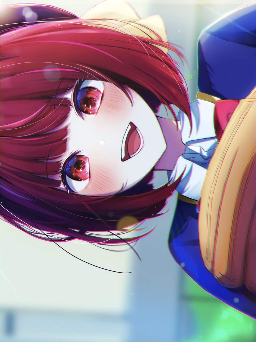 1girl, :d, arima_kana, baseball_mitt, beret, blue_jacket, blurry, blurry_background