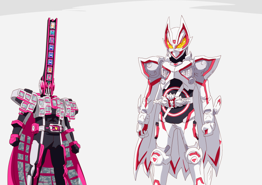 2boys, absurdres, armor, bodysuit, cape, commentary_request, complete_form_21, driver_(kamen_rider), grey_background, helmet, highres, kamen_rider, kamen_rider_decade, kamen_rider_geats, kamen_rider_geats_(series), kamen_rider_geats_ix, male_focus, multiple_boys, otokamu, pink_eyes, standing, yellow_eyes