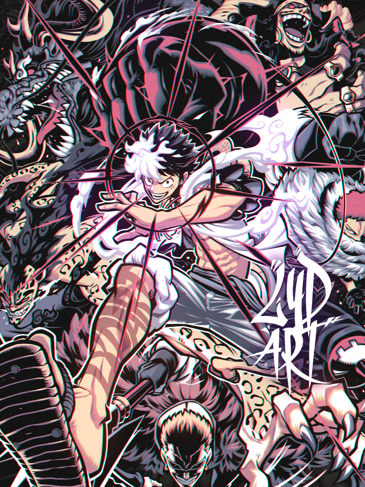 6+boys, alternate_form, animal_ears, black_hair, blue_scales, charlotte_katakuri, claws, donquixote_doflamingo, dragon, dragon_horns, earrings, eastern_dragon, evil_smile, facial_hair, fighting_stance, furry, furry_male, highres, hoop_earrings, horns, jewelry, kaidou_(one_piece), la_chancla, leopard_ears, looking_at_viewer, lydart_mclo, marshall_d._teach, monkey_d._luffy, multicolored_hair, multiple_boys, muscular, one_piece, pants, red_eyes, redhead, ring, rob_lucci, sharp_teeth, short_hair, short_sleeves, shorts, signature, smile, sunglasses, tattoo, teeth, two-tone_hair, white_hair