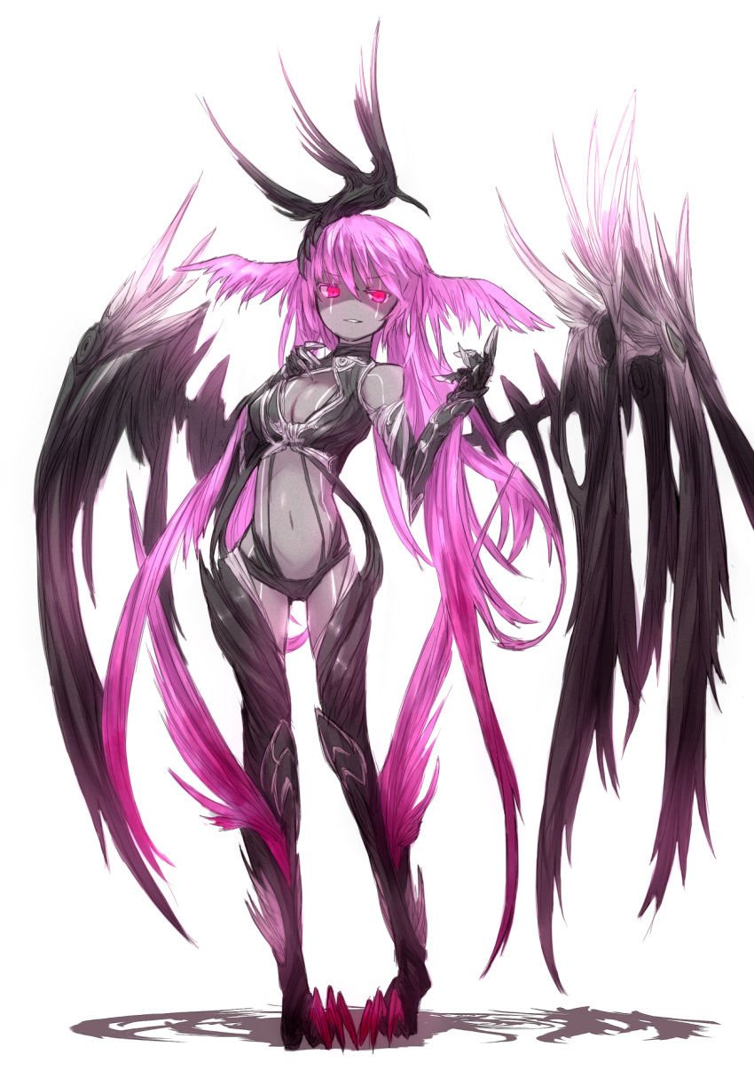 bare_shoulders, black_skin, breasts, claws, cleavage, cleavage_cutout, elbow_gloves, gloves