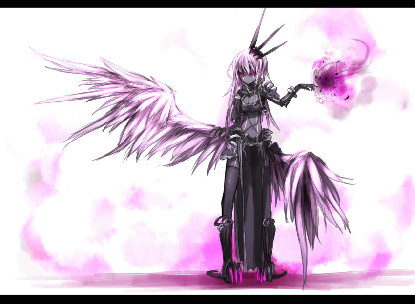 black_skin, black_thighhighs, breasts, claws, cleavage, cleavage_cutout, grin, hair_ornament, hand_on_chest, hand_on_own_chest, highres, lilith_(shirogane_usagi), long_hair, magic, magic_circle, midriff, original, pink_eyes, pink_hair, shirogane_usagi, smile, solo, thigh-highs, thighhighs, wings