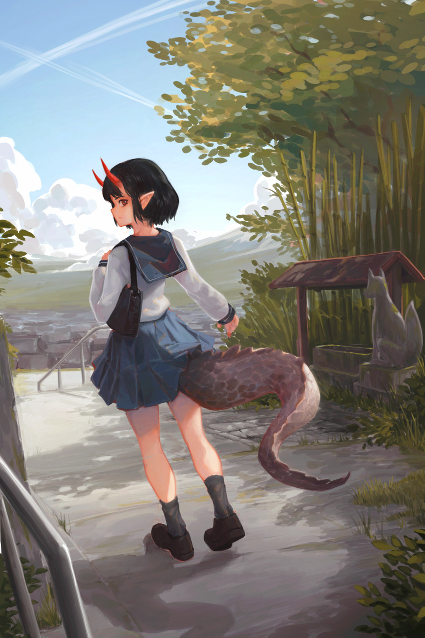 1girl, absurdres, bag, bamboo, black_bag, black_footwear, black_hair, black_socks