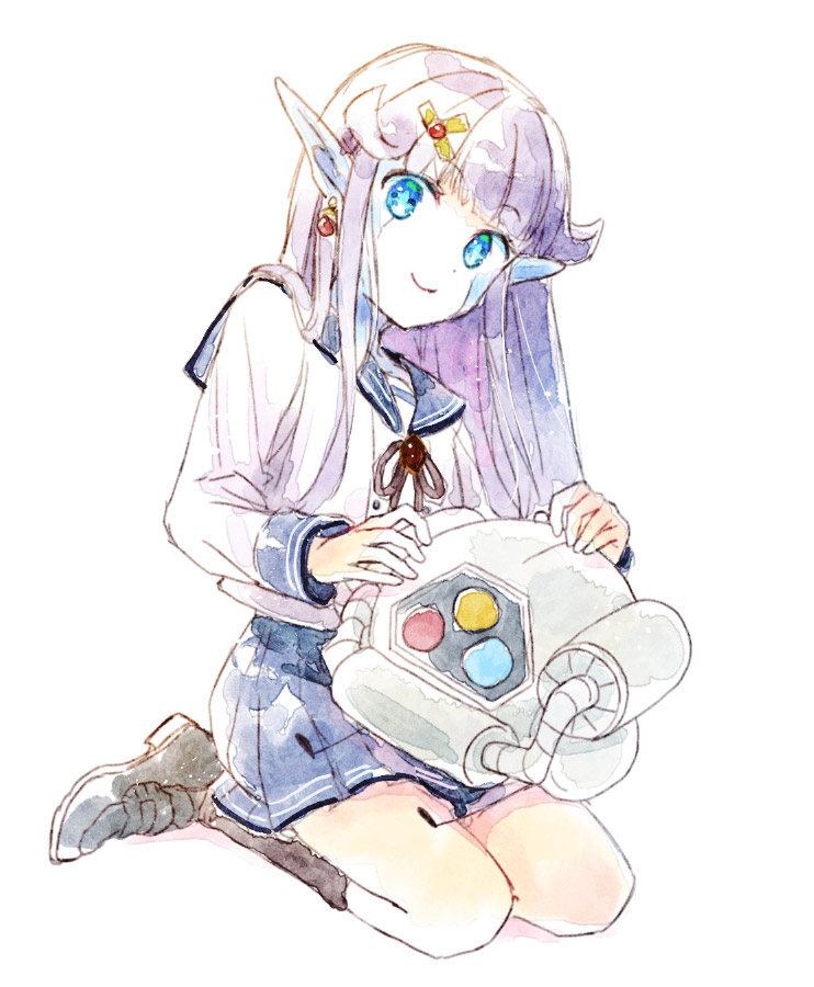 1girl, blue_eyes, blue_sailor_collar, closed_mouth, earrings, esper_(saga), facial_mark, full_body